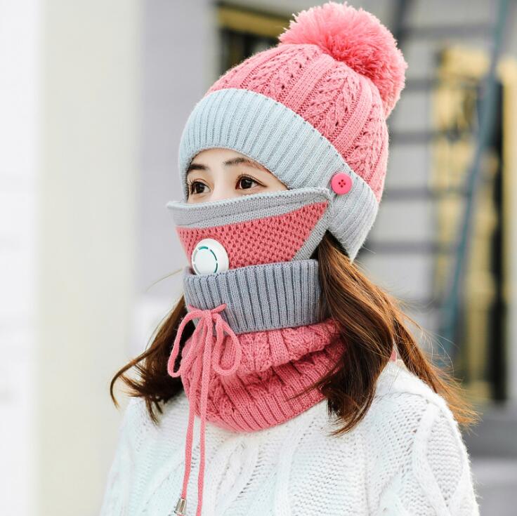 Winter Hoed & Sjaal & Masker Voor Vrouwen Warm Mutsen Ademen Sjaal Pompoms Gebreide Caps En Sjaal Masker 3 stuks/set: Roze