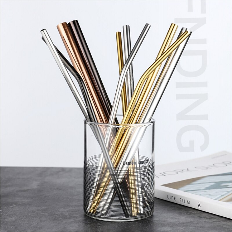 Acero inoxidable 304 pajilla de Metal pajilla reutilizable + 1 cepillo respetuoso del medio ambiente de paja recta curva cepillo de limpieza de la barra del Partido de accessories20Oz
