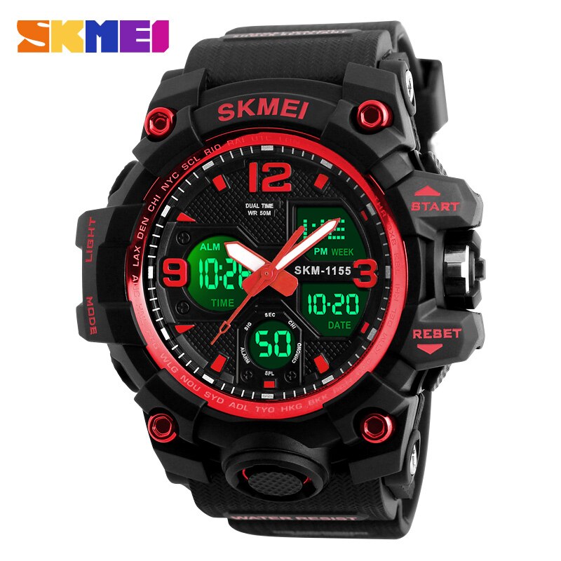 Skmei luminous dual display herre sportsure mandlige quartz armbåndsur stopur automatisk dato alarm elektronisk ur 1155b farve: Rød