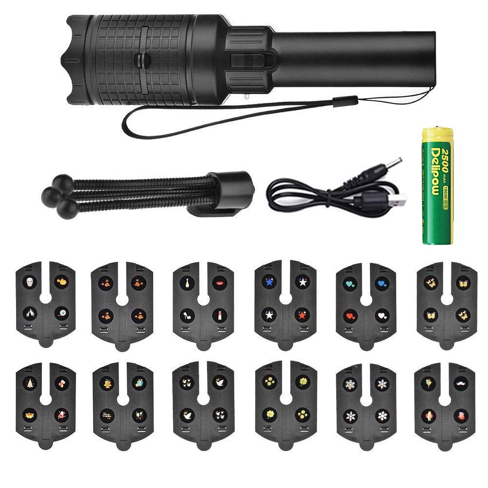 USB Rechargeable LED Christmas Projector Lights 2 in 1 Projection Handheld Flashlight with 12 Patterns for Christmas Halloween