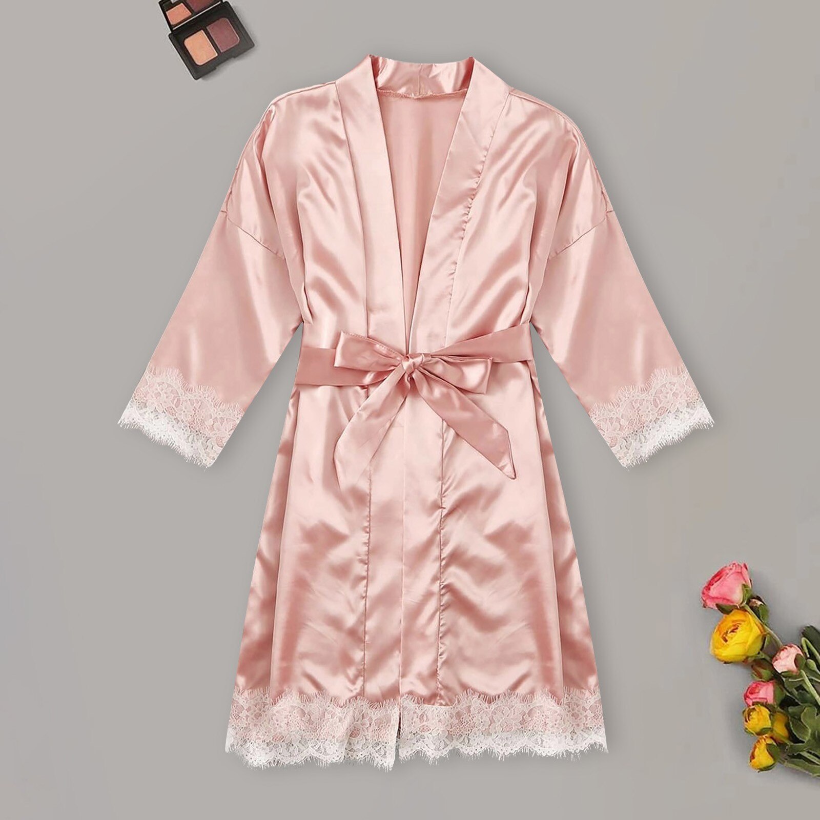 Lace Sexy silk Pajamas Women Nightwear Bride Pink Robes Satin Loose Home Sleepwear Female Patchwork Robes