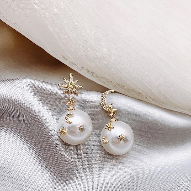 Pendientes colgantes asimétricos de perlas para mujer, aretes con de luna y estrella, estilo gota de agua de cristal exquisito,: Default Title