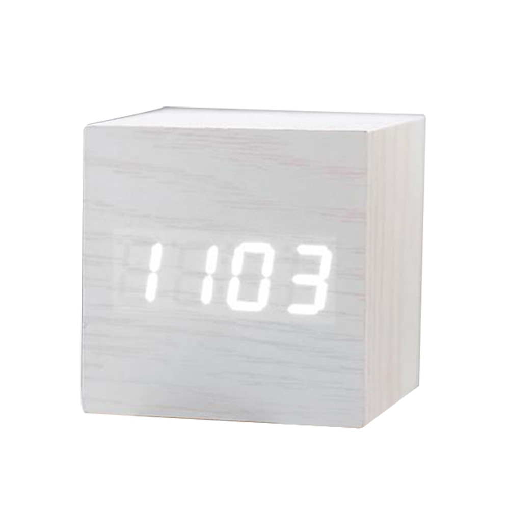 Led Digitale Houten Geluid Controle Vierkante Snooze Functie Usb/Aaa Elektronische Tafel Wekker Duurzaam Retro Glow Klok: WHITE