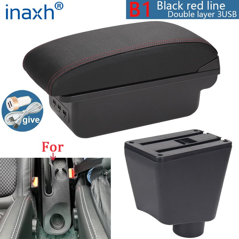 For Renault Clio 4 Armrest For Renault Clio 3 III IV Car Armrest box Car accessories Storage box cup holder ashtray USB: B1 Black red 3USB