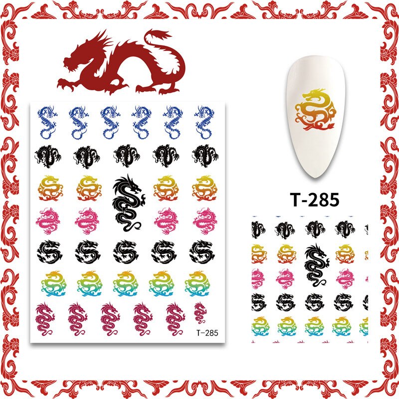 3d nagelkunststickers, rode en zwarte draken, kleurrijke zelfklevende stickers, nagelkunstdecoratie: T -285