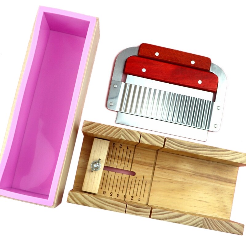 Set di stampi e taglierini per sapone in legno Set di stampi per sapone stampo in Silicone rettangolo c con scatola di legno taglierina per sapone diritta e ondulata