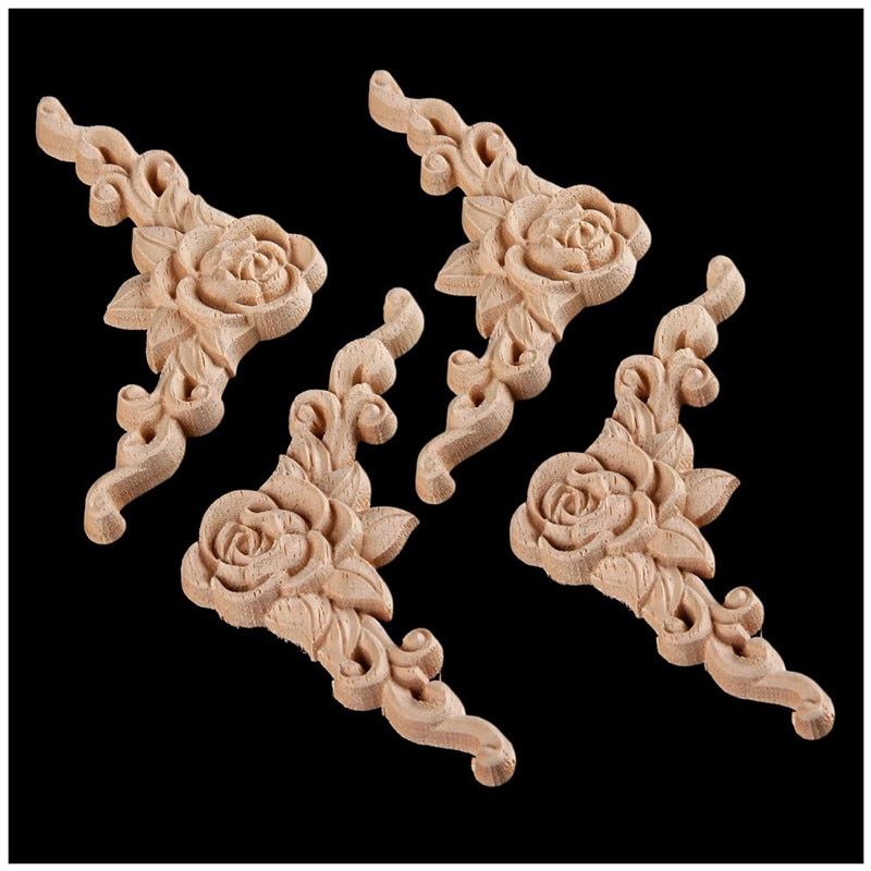Aplique de esquina tallado en madera, 8x8cm, para puerta de armario, rosa sin pintar, estilo europeo, 4 Uds.