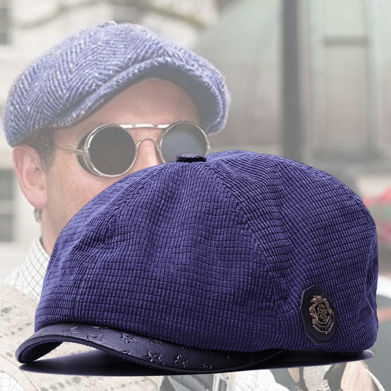Gorros de invierno de pana para hombre, gorra gruesa y cálida con forro polar, octogonal, informal, para exteriores, 55,5-60cm