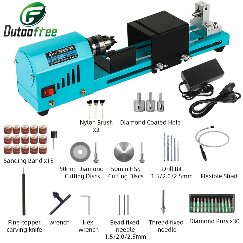1 Set 150W Mini Wood Lathe Machine Speed Adjustable Rotary Tool Buddha Pearl Lathe Grinding Polishing DIY Woodwork Tool 12V/24V