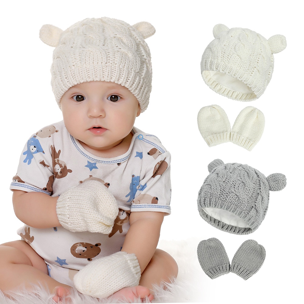 Vinter baby hüte für mädchen hut für junge herbst niedlich ohr baby gestrickte warme mütze + handschuhe kinder hüte kappe kinder