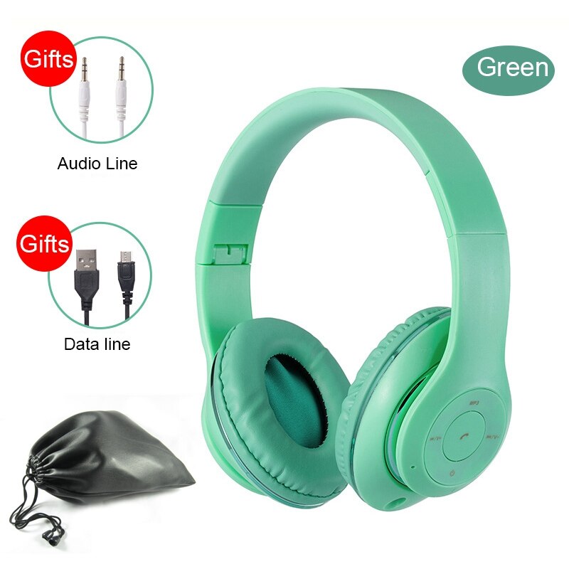 Foldable Bluetooth Wireless Headphones With Mic For Phone Tablet Music Noise Cancel Bass наушники Girl Kid Man Headset with Bag: green