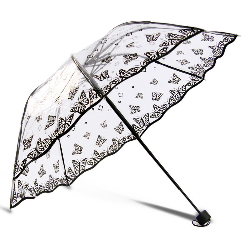 Paraguas de lluvia Multicolor para mujer, sombrilla transparente con estampado de flores de cerezo, mariposa Sakura, tres pliegues, 1 unidad