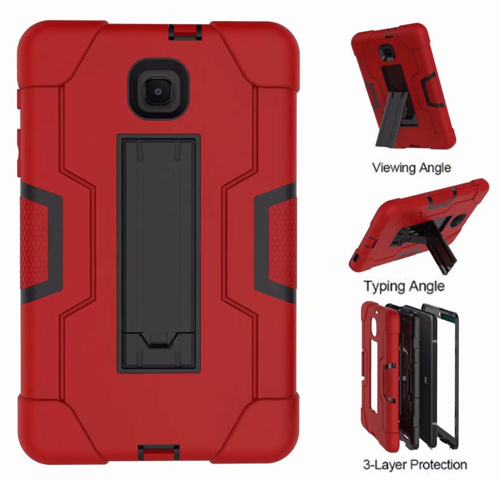 Shockproof Silicon PC Hybrid Stand Kids Safe Tablet Cover For Samsung Galaxy Tab A 8.0 T387 SM-T387W SM-T387V Case +FilmPen: Red