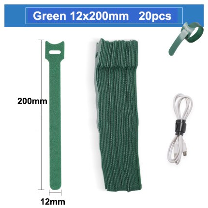 10pcs/Releasable Cable Ties Plastics Hook Loop Fastening Reusable Cable Ties Nylon Loop Wrap Zip Bundle T-type Cable Tie Wire: Green 12x200MM