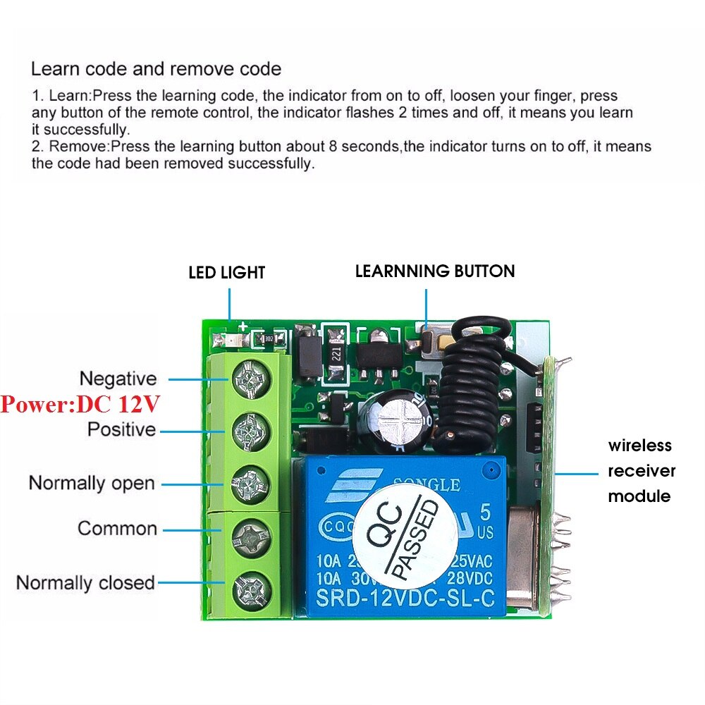 1CH Rf Relais Ontvanger Controller 433Mhz Afstandsbediening Schakelaar Voor Licht Auto Garagedeur Ac 85V ~ 250V 110V 220V