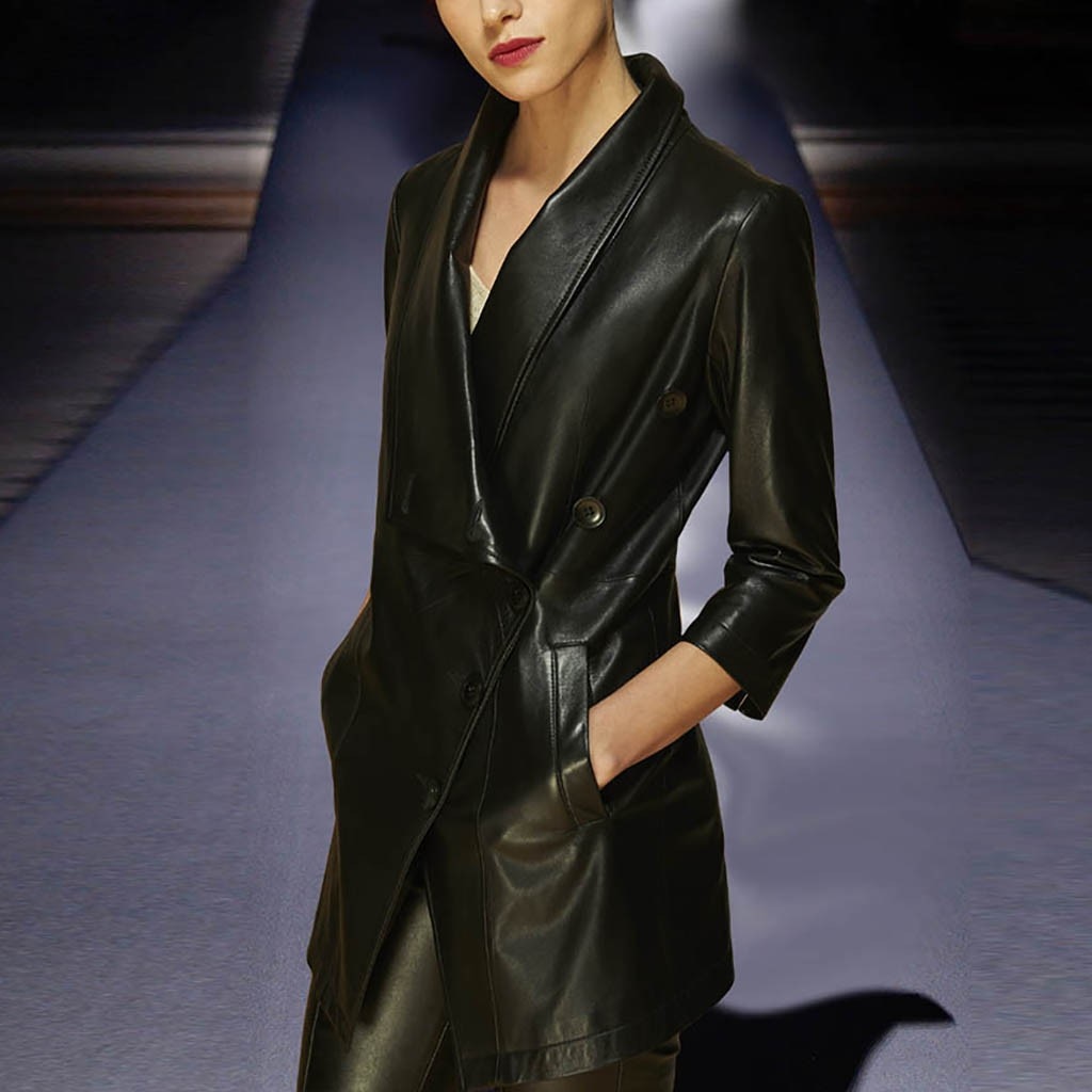 Lady Casual Solid Color Button Leather Jacket Women Long Sleeve Rivet Long Biker Jacket Coat Blouse Chaqueta Cuero Mujer