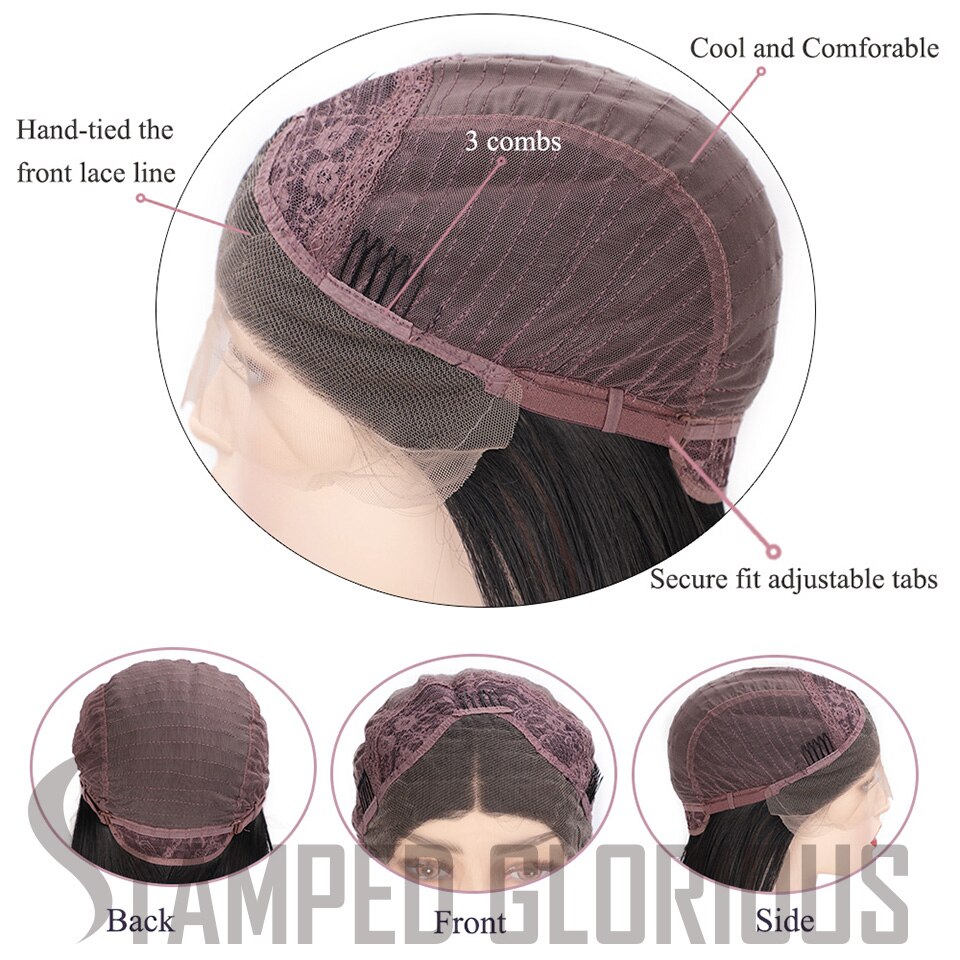 Stamped Glorious Korte Bob Lace Front Pruik Zwarte Rechte Synthetische Pruiken Voor Vrouwen Midden Divisie Gemiddelde Grootte Cap