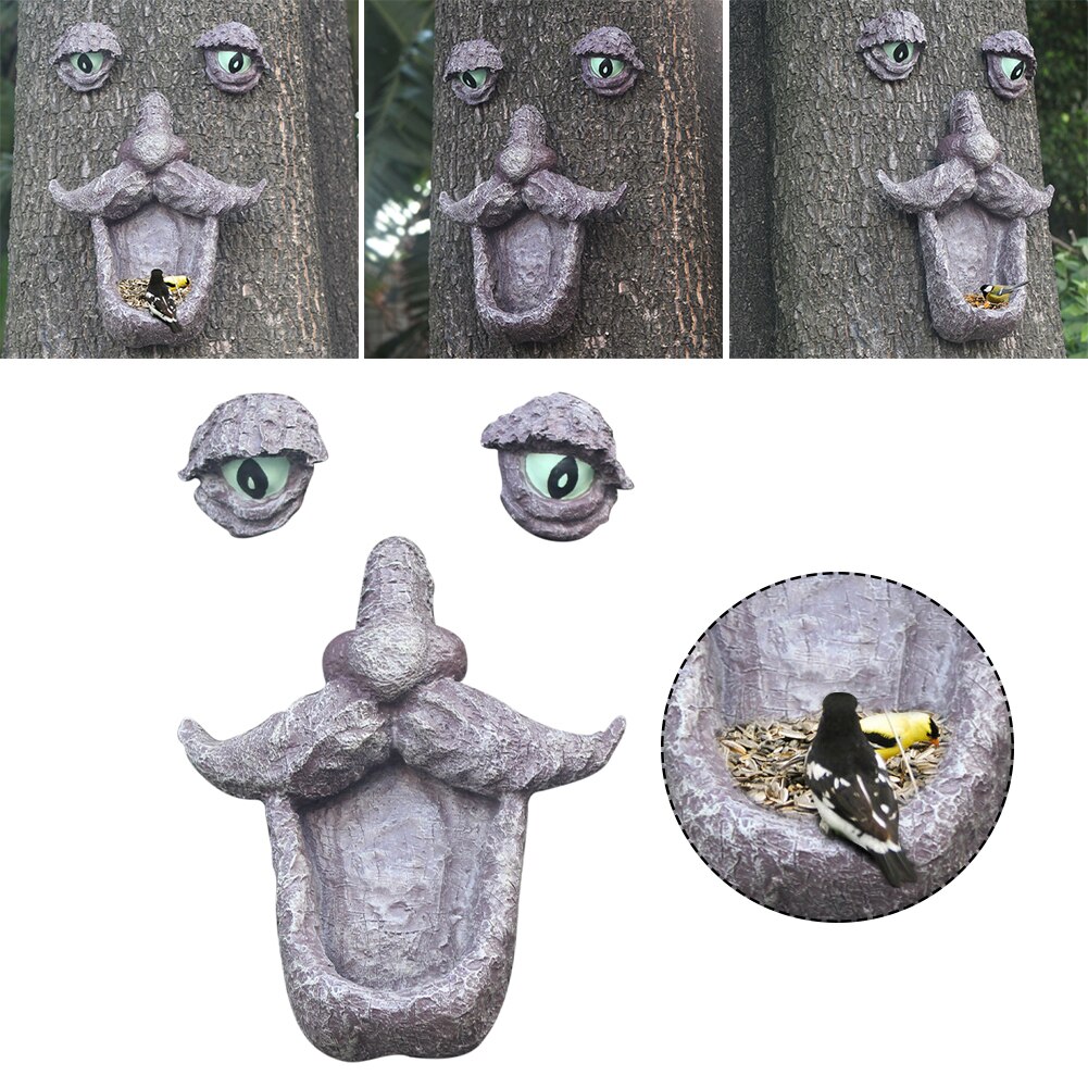 Hand-painted Resin Sculpture Funny Yard Art Garden Decor Crafts Outdoor Tree Face Bird Feeder With Eyes Realistic Old Man