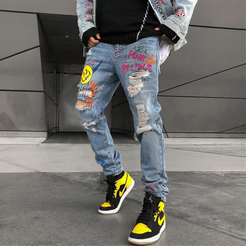 Jean déchiré de rue pour hommes, jean de clochard imprimé Graffiti, Hip Hop, trous au genou, pantalon en Denim, ample, en coton, décontracté