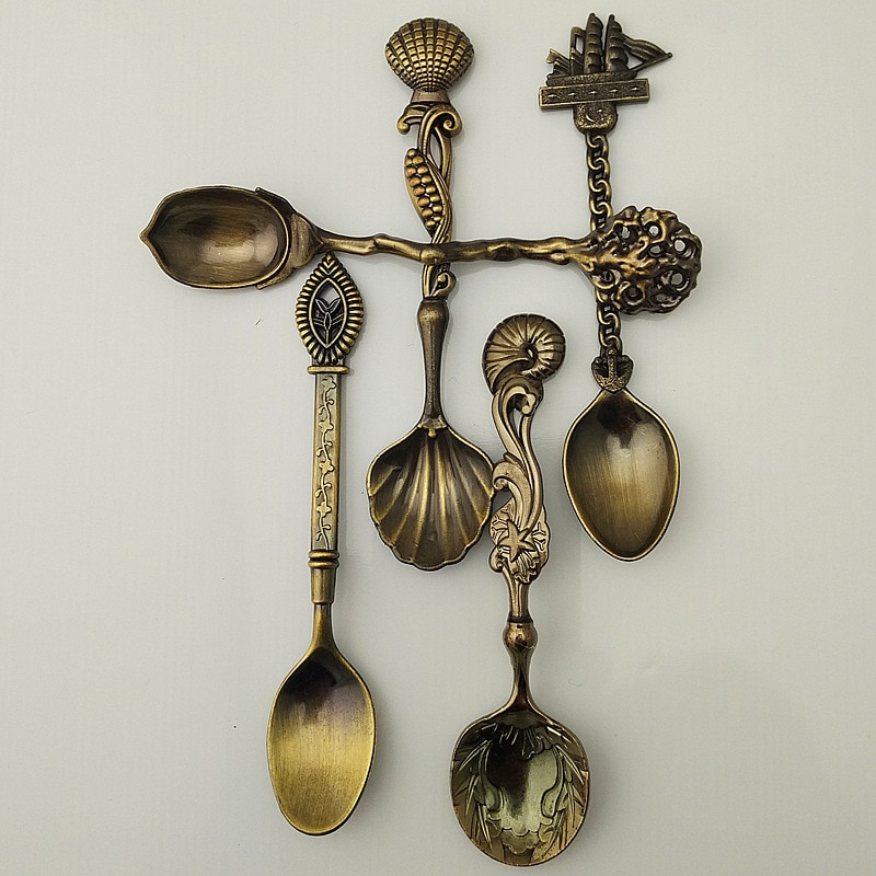 5 unids/set de cocina bar comedor estilo real clásico bronce tallado pequeña cuchara de café Mini cuchara de postre para aperitivos