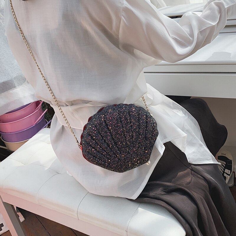 Women Girls Little Mermaid Seashell Purse Cross-Body Shoulder Bags Glitter Sequins Chain Evening Purse