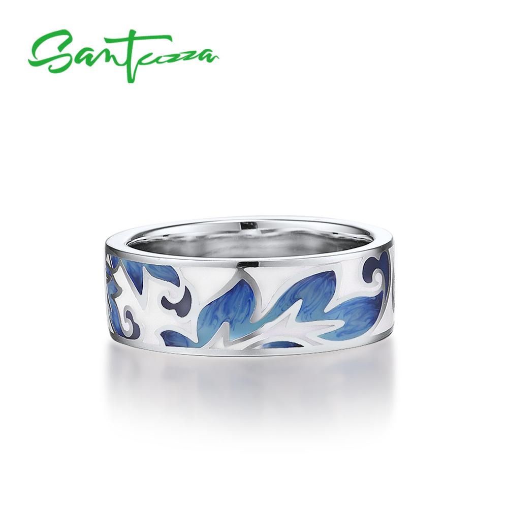 SANTUZZA Silver Rings For Women Genuine 925 Sterling Silver Blue Leaves Enamel Rings Trendy Fine Jewelry Handmade