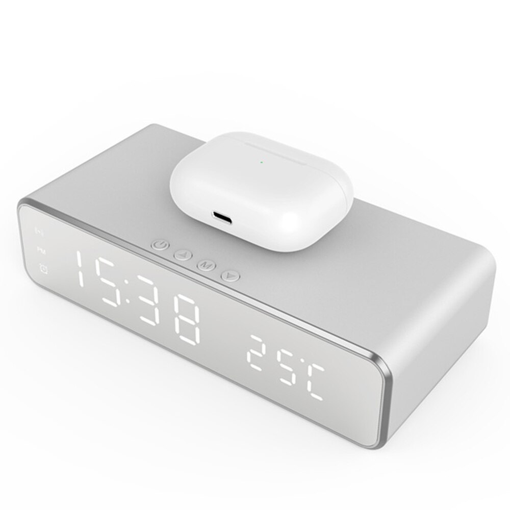 LED Electric Alarm Clock With Mobile Phone Wireless Charger HD Clock Mirror With Time Memory Digital Thermometer Clock