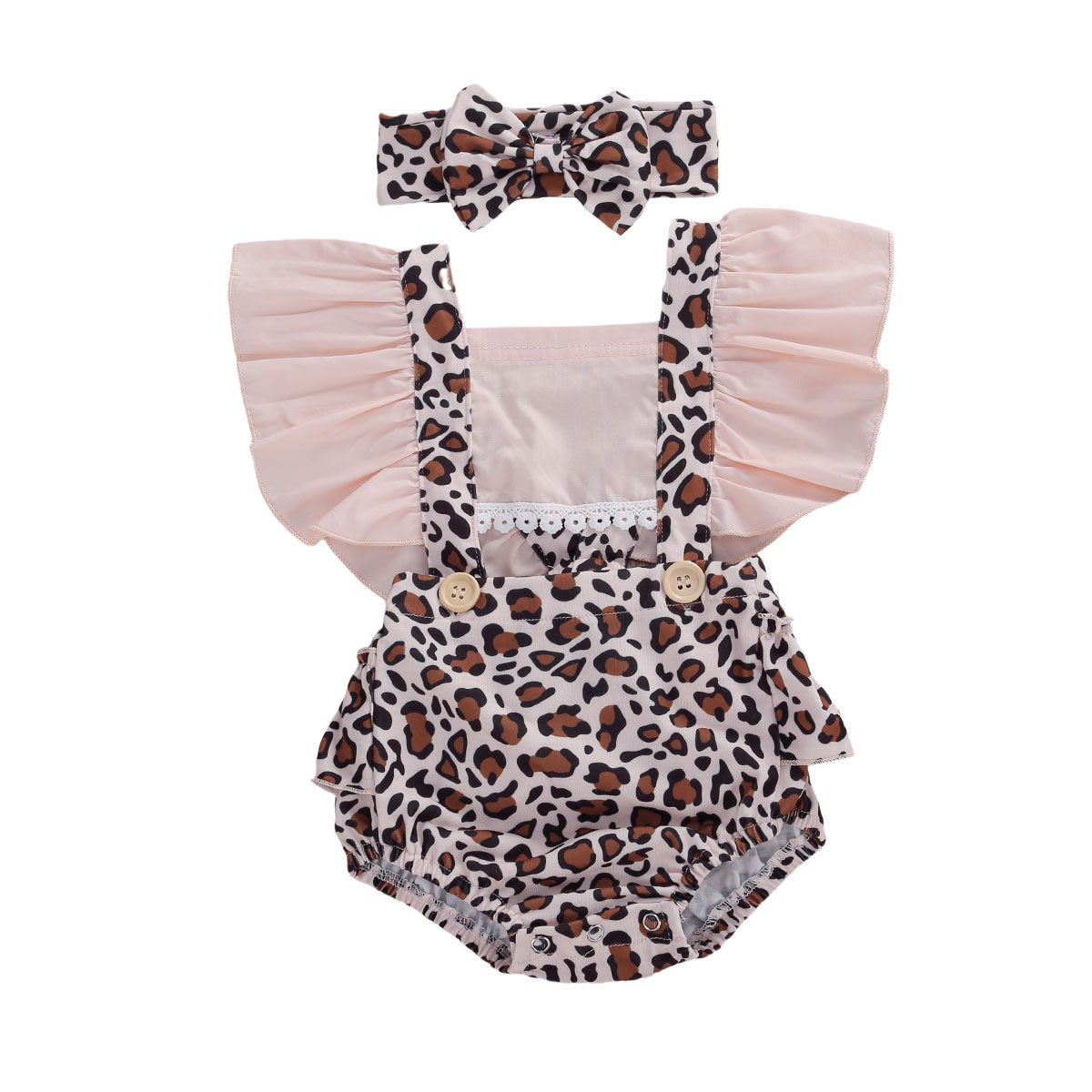 Neue Neugeborenen Kleinkind freundlicher Baby Mädchen Säuglingsspielanzug Spitzen Gesamt Leopard Kurze Stirnband 2Stck Outfits einstellen