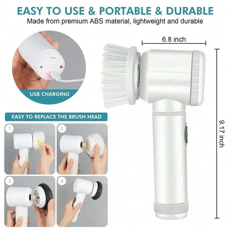 Depurador giratorio eléctrico, cepillo de limpieza inalámbrico para baño, depurador eléctrico con 5 cabezales de cepillo reemplazables, cepillo de limpieza eléctrico