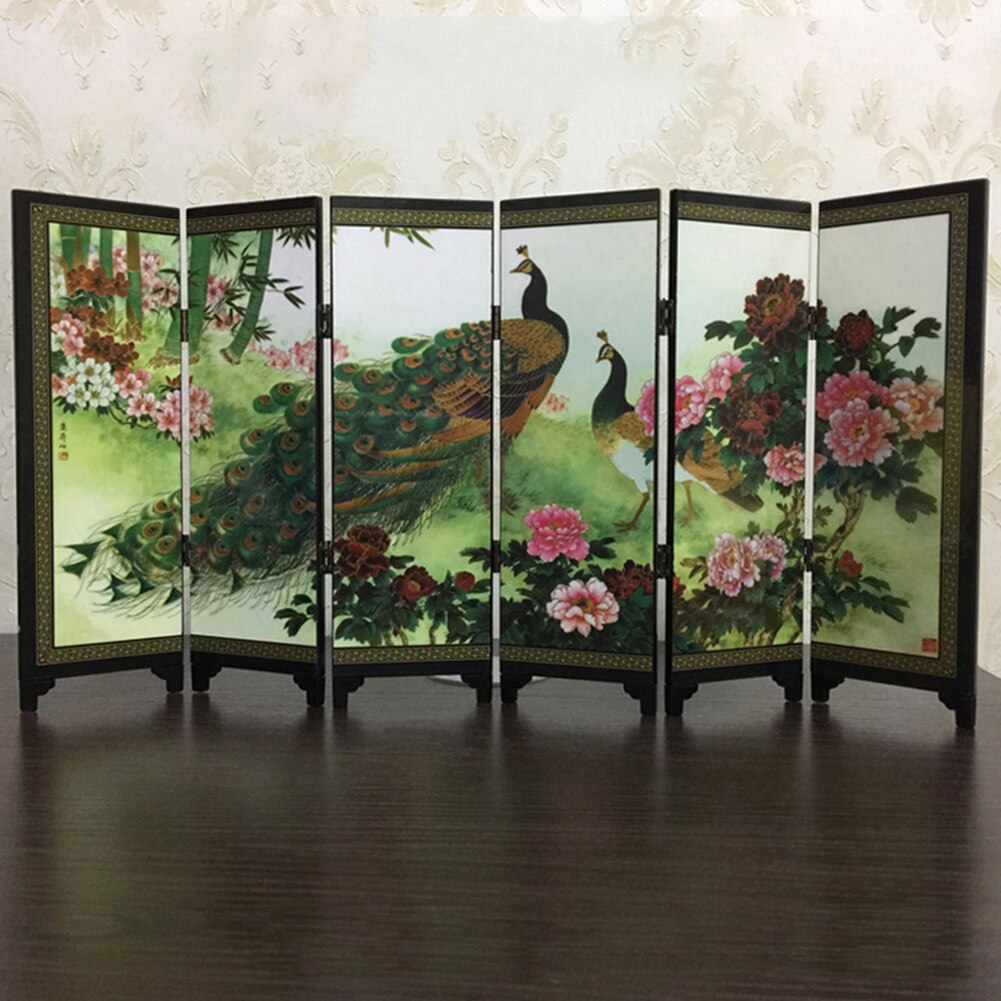 Wooden 6-Panel Peacock Screen Room Divider Folding Partition Desktop Decor