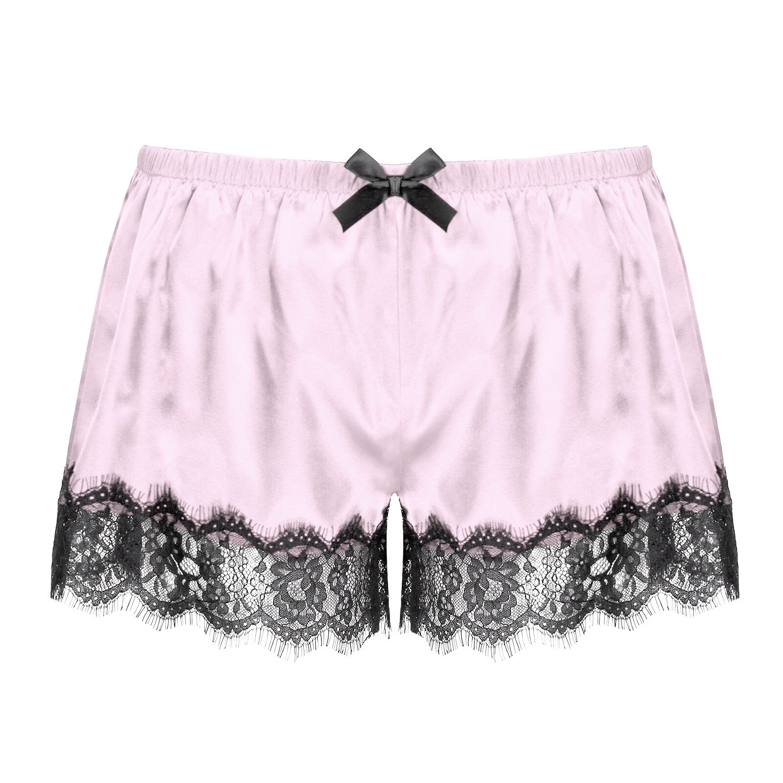 Men Satin Shorts Sleepwear Elastic Waistband Lace Trimming Pajama Pants Nightwear Birthday: Pink / XL