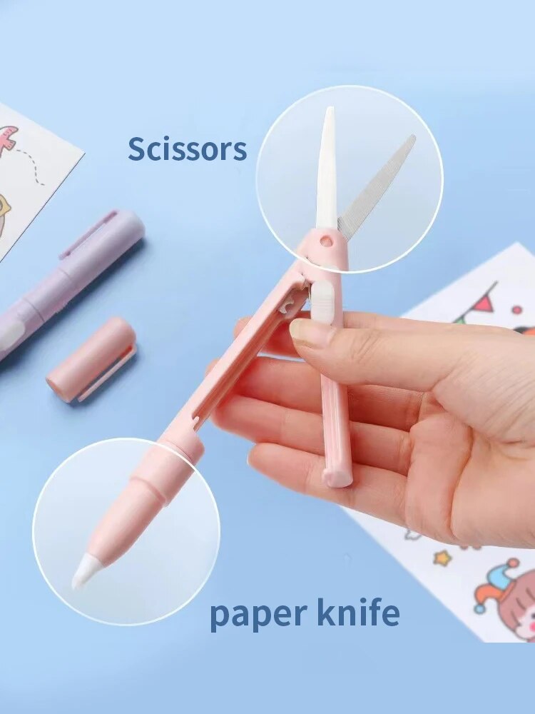 Mini tijeras portátiles 2 en 1, cúter de papel, bolígrafo de bolsillo multifuncional con forma de álbum de recortes, herramientas de arte para tallado y corte, 1 ud.