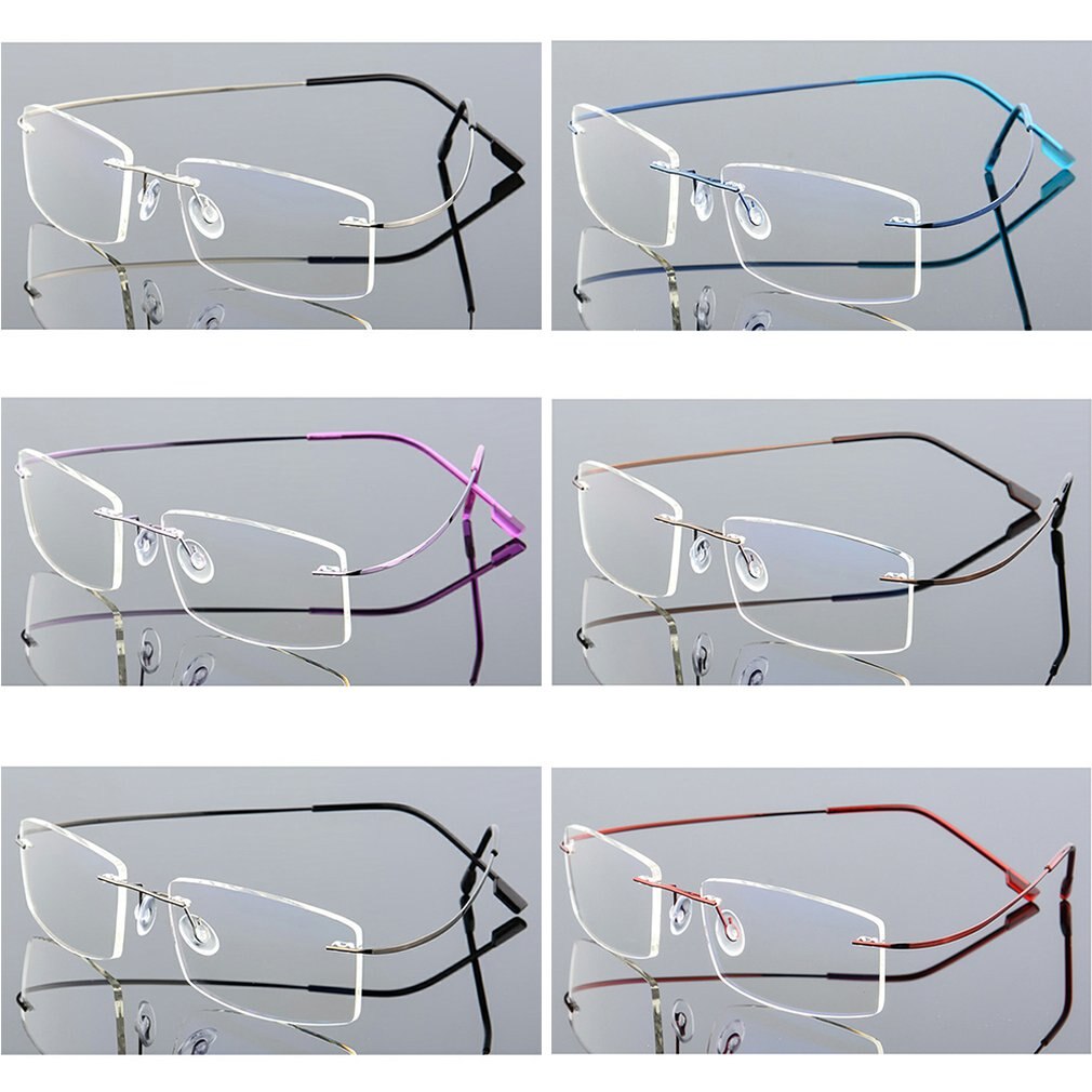 Super elastische, frameloze metalen anti-blauw licht bril van metaallegering, opvouwbare pootjes, comfortabele neuspads