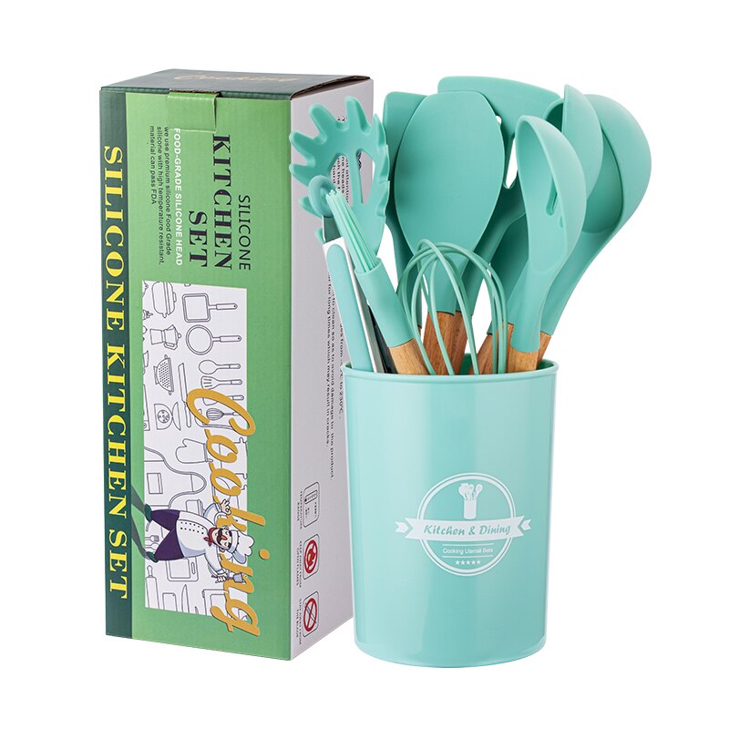 12Piece Silicone Cooking Kitchen Utensils Set Nylon Utensils Stainless Steel Cooking Utensil Set: Green