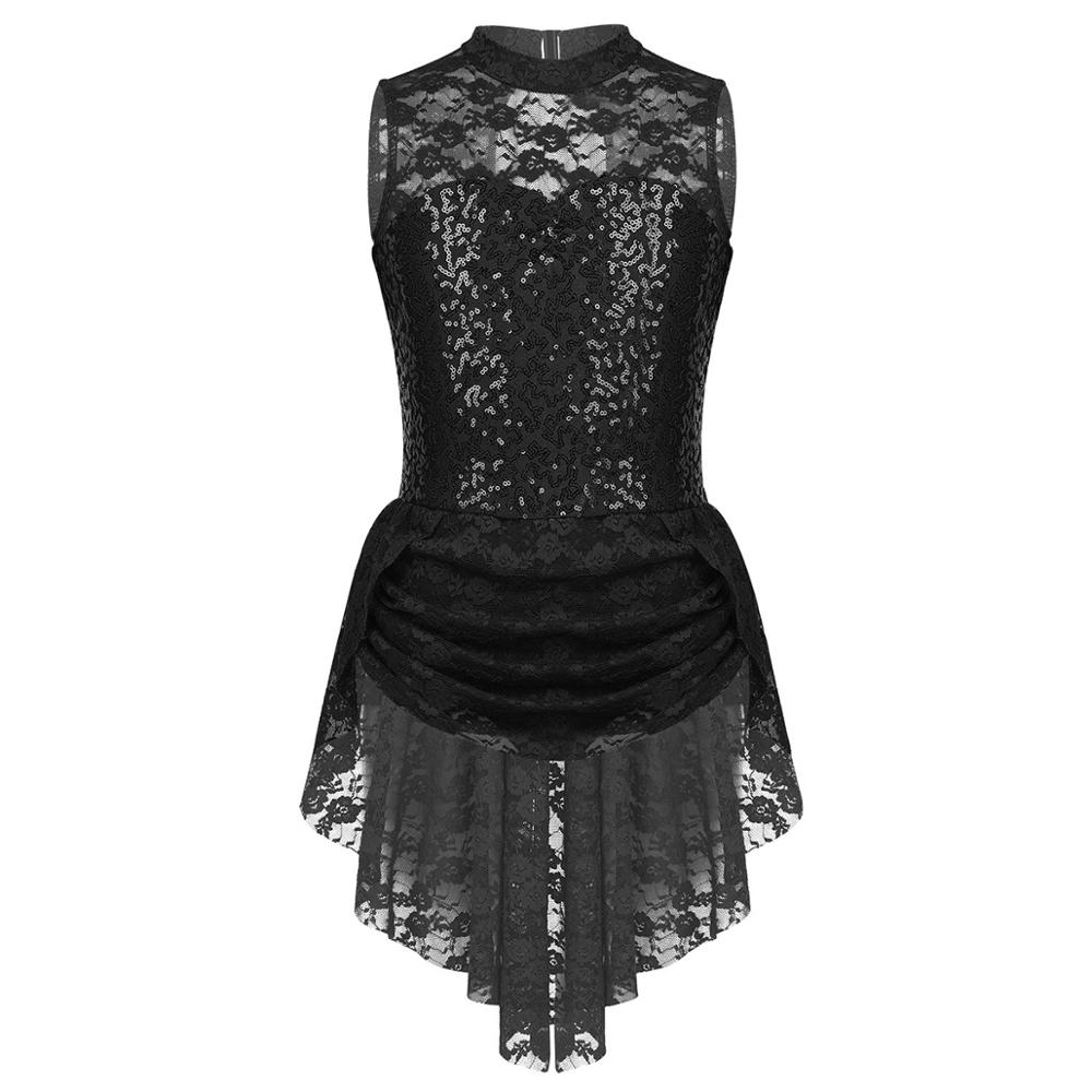 iiniim Kids Girls Sequins Ice Figure Skating Dress Lace Print Gymnastics Leotard Costumes for Teen Ballerina Dance Tutu Dress: Black / 14