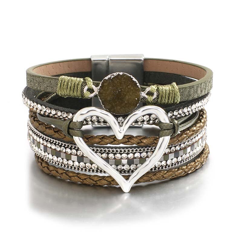 Amorcome-pulsera de cuero trenzado para mujer, brazalete con varias capas de piedras de resina, corazón hueco,: Grey