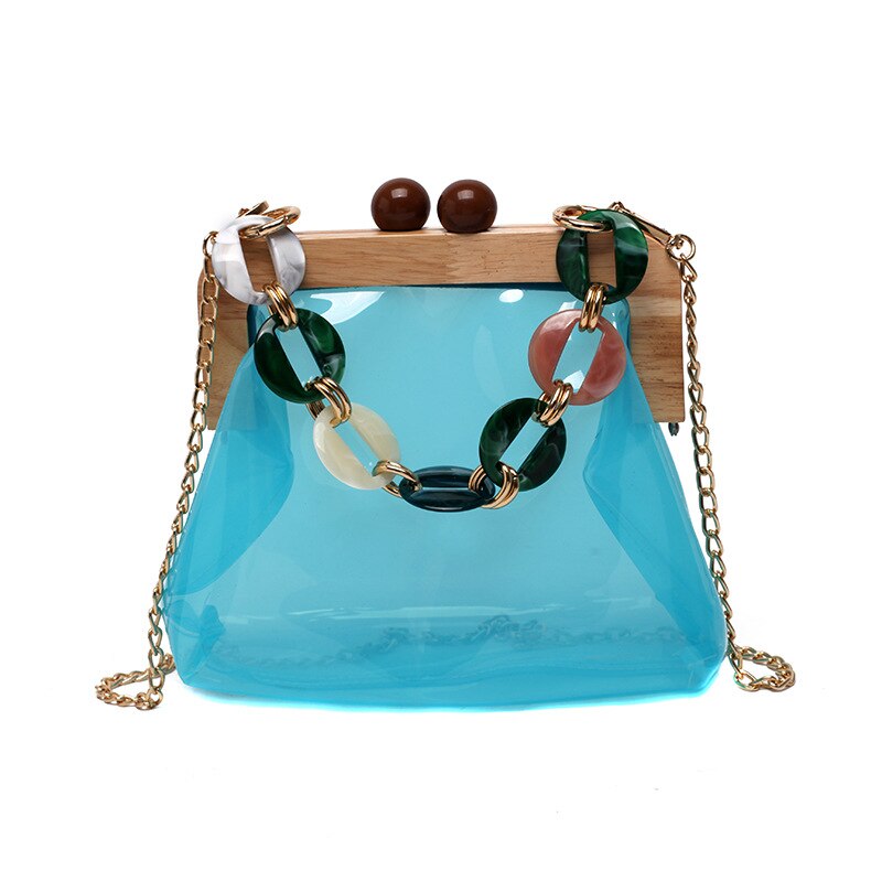 Sac transparente femme moda feminina bolsa de ombro doces cor verão claro saco de geléia boca de madeira beijo bloqueio crossbody saco de corrente: blue