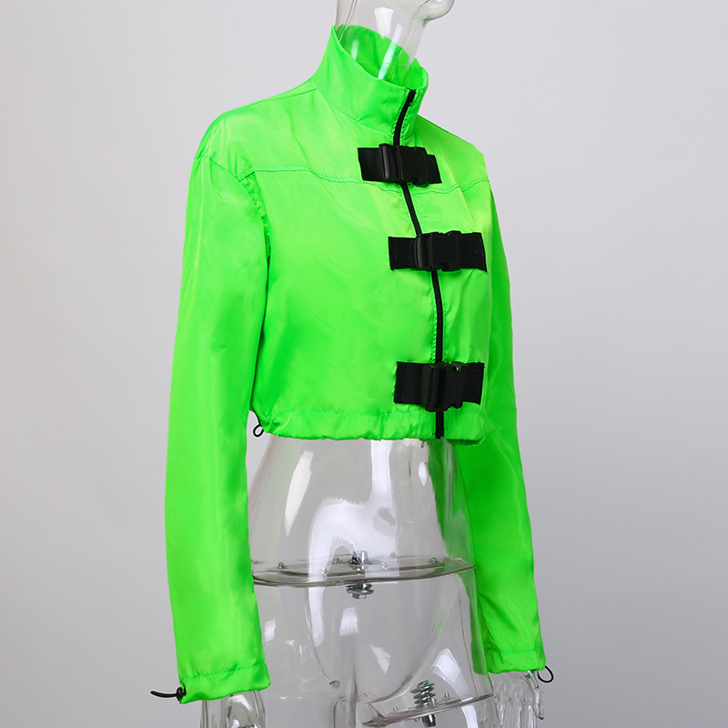 Neon Groene Vrouwen Korte Jas Rits Gesp Casual Windjack Lange Mouwen Elastische Trekkoord Jas Streetwear