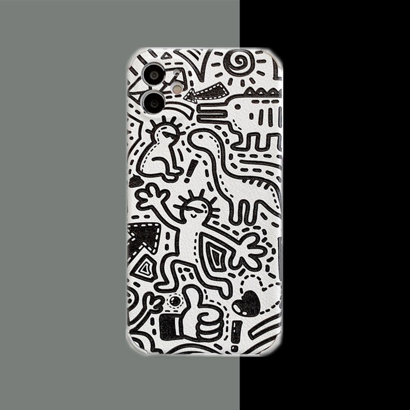 Retro dinosaurus wanddecoratie doodle japanse telefoonhoesje voor apple iphone 12, 11 pro max xr, xs max 7, 8 plus, 7 plus hoesje schattige zachte hoes