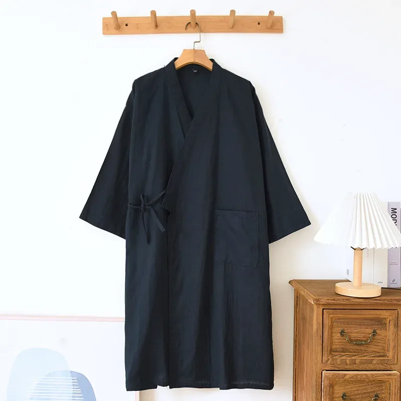 Roupões kimono de algodão para casal, roupas para casa, verão, solto, meia manga, roupão, pijama, suor, vapor, roupas femininas: L / Preto
