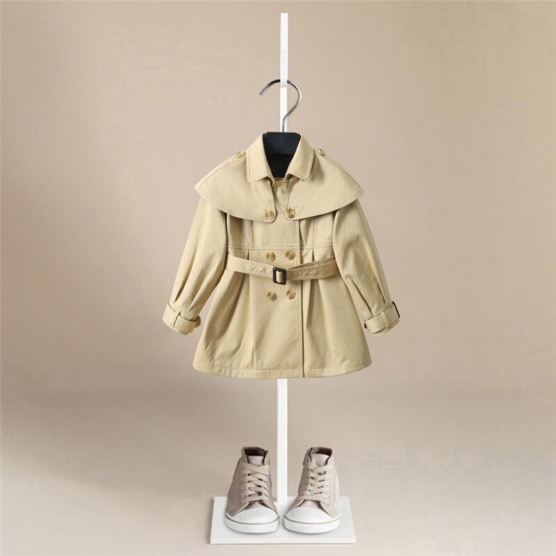 Nouvelle fille longue vêtements d'extérieur printemps enfants coupe-vent Double boutonnage enfants Trench Coat décontracté fille pardessus 2-6 ans: Beige / height (90 CM)