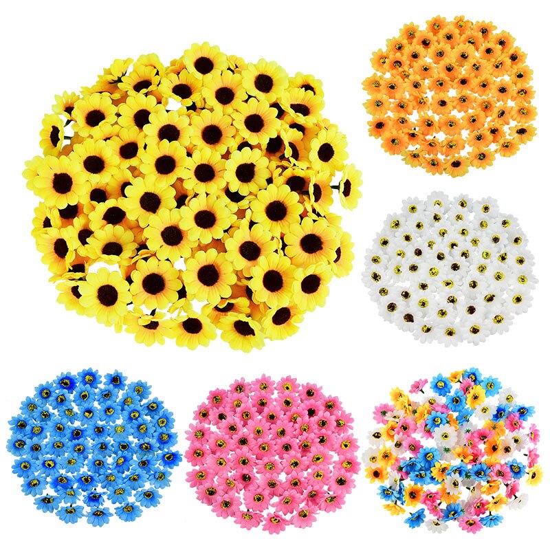 100 stk 4.5cm mini solsikke silke kunstige blomster hoveder daisy blomst til bryllupsfest hjem dekoration diy scrapbooking krans