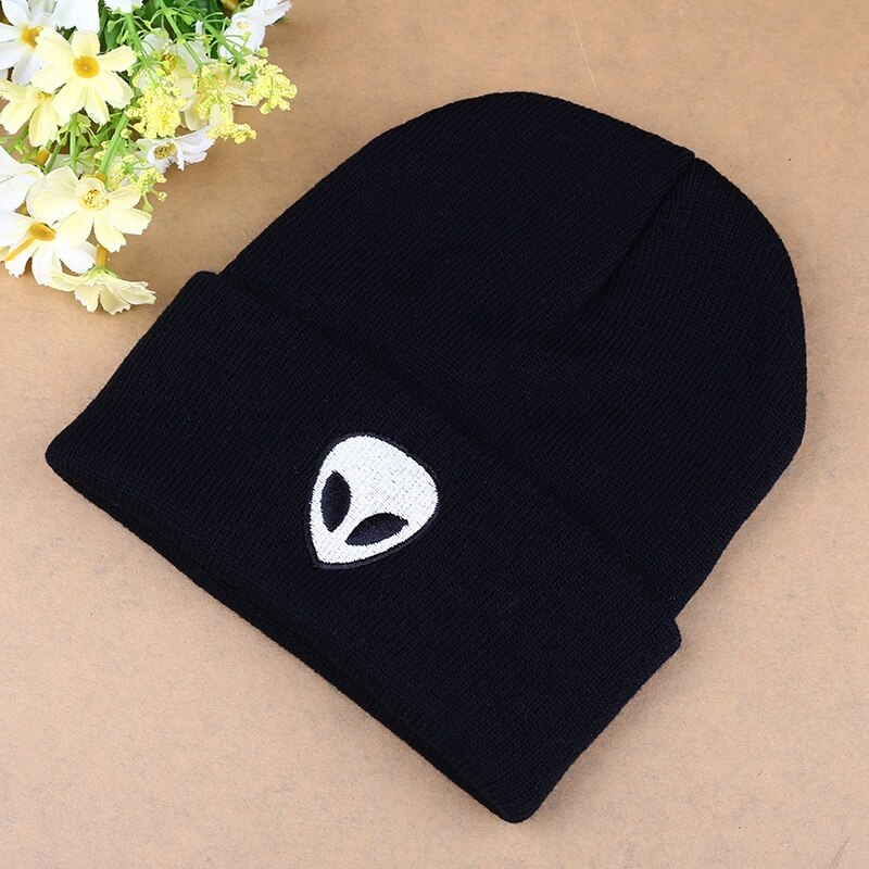 CANCHANGE Autumn Winter Hat Knitted Hat Wool Women Solid Color Alien Pattern Beanies Soft Cap Men Women Hats Christmas: Black