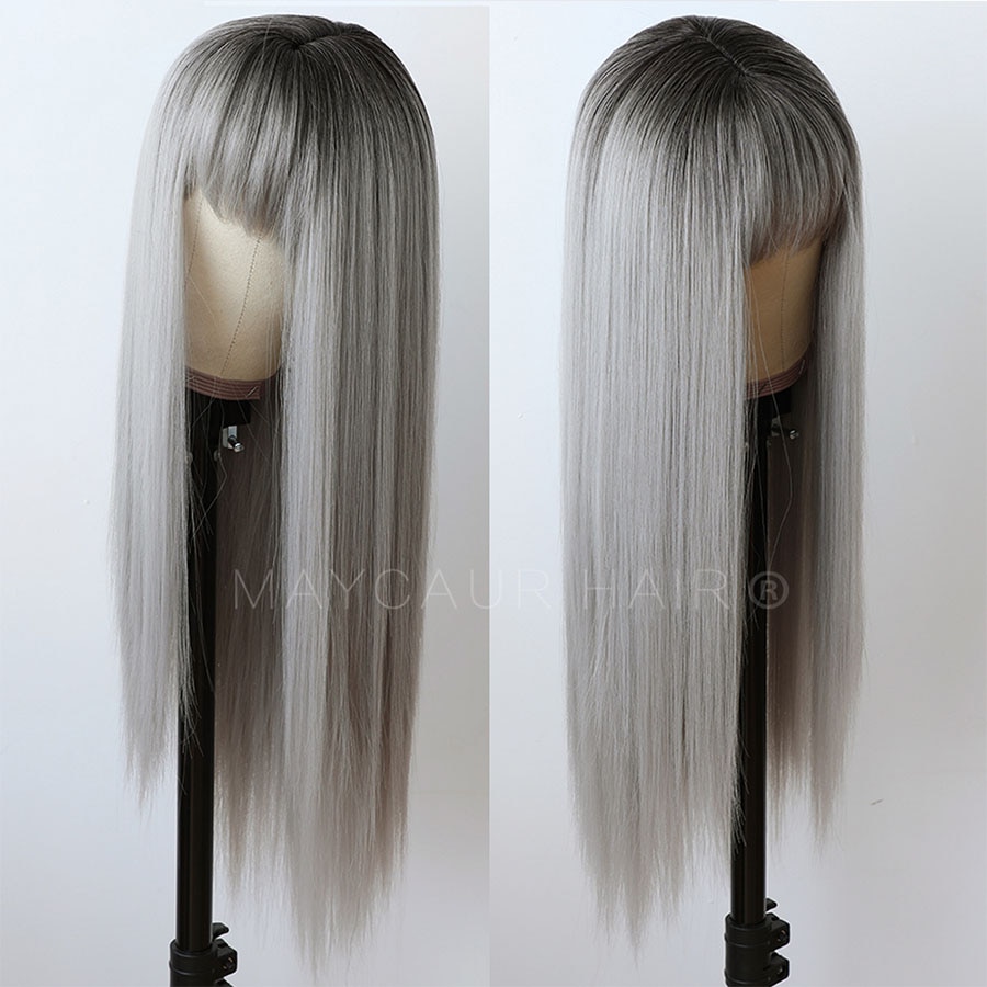 Maycaur Ombre Grey Long Straight Wigs for Women Black Gray Synthetic Hair Wigs with Bangs