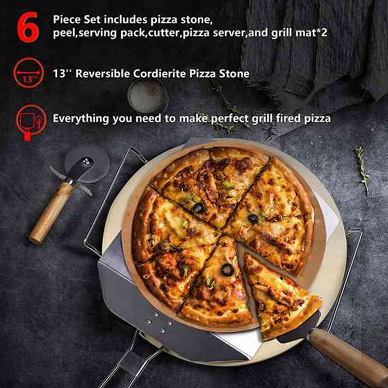 Pizza Stone Set-13 Inch Pizza Stone for Grill and Oven with Foldable Metal Pizza Peel and Accessories Set