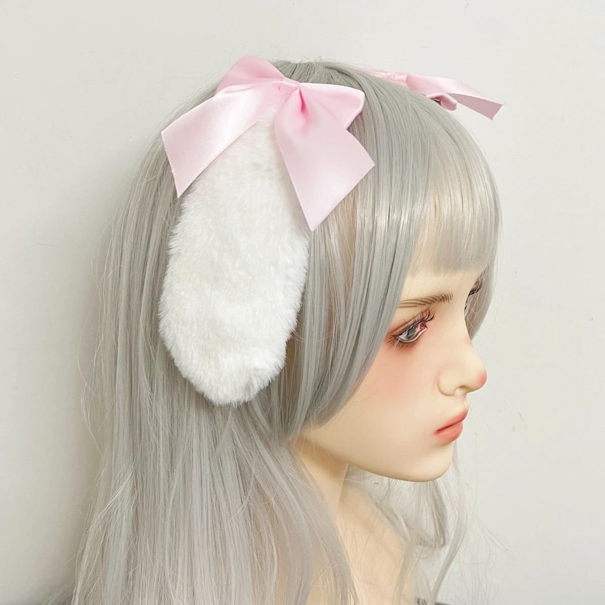 Lolita Cosplay Rabbit Bunny Plush Lop Ears Kawaii Women Girls Hair Clip Cute Hairpin Ribbon Bowknot Hair Accessories: Pink