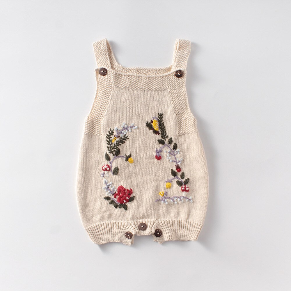 Neonate pagliaccetti lavorati a maglia neonati vestiti per bambina neonato ricamo floreale tutina tuta per bambini tute bambino un pezzo: Beige / 24M