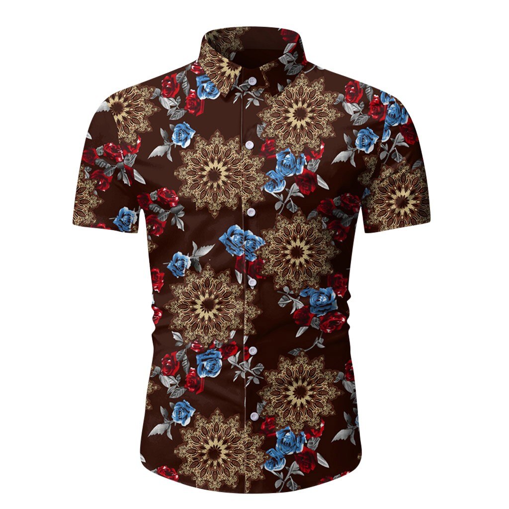 Mænds slim fit skjorter med blomsterprint til mænd kortærmet blomstret skjorte herre basic toppe afslappet plus size skjorter chemise homme #g2: Kaffe / Xl