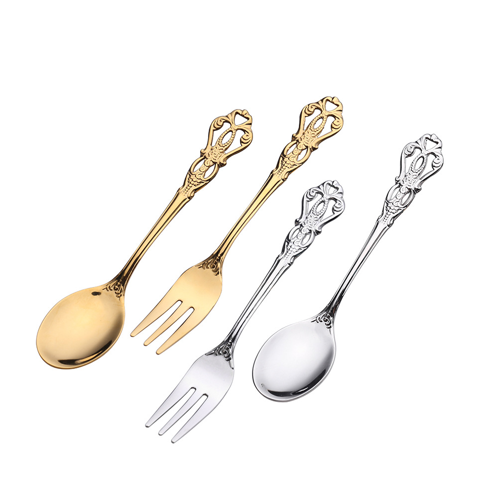 Stainless Steel Retro Spoon European Embossed Gold-plated Spoon Fork Hollow Coffee Spoon Dessert Fork Wedding Tableware Set