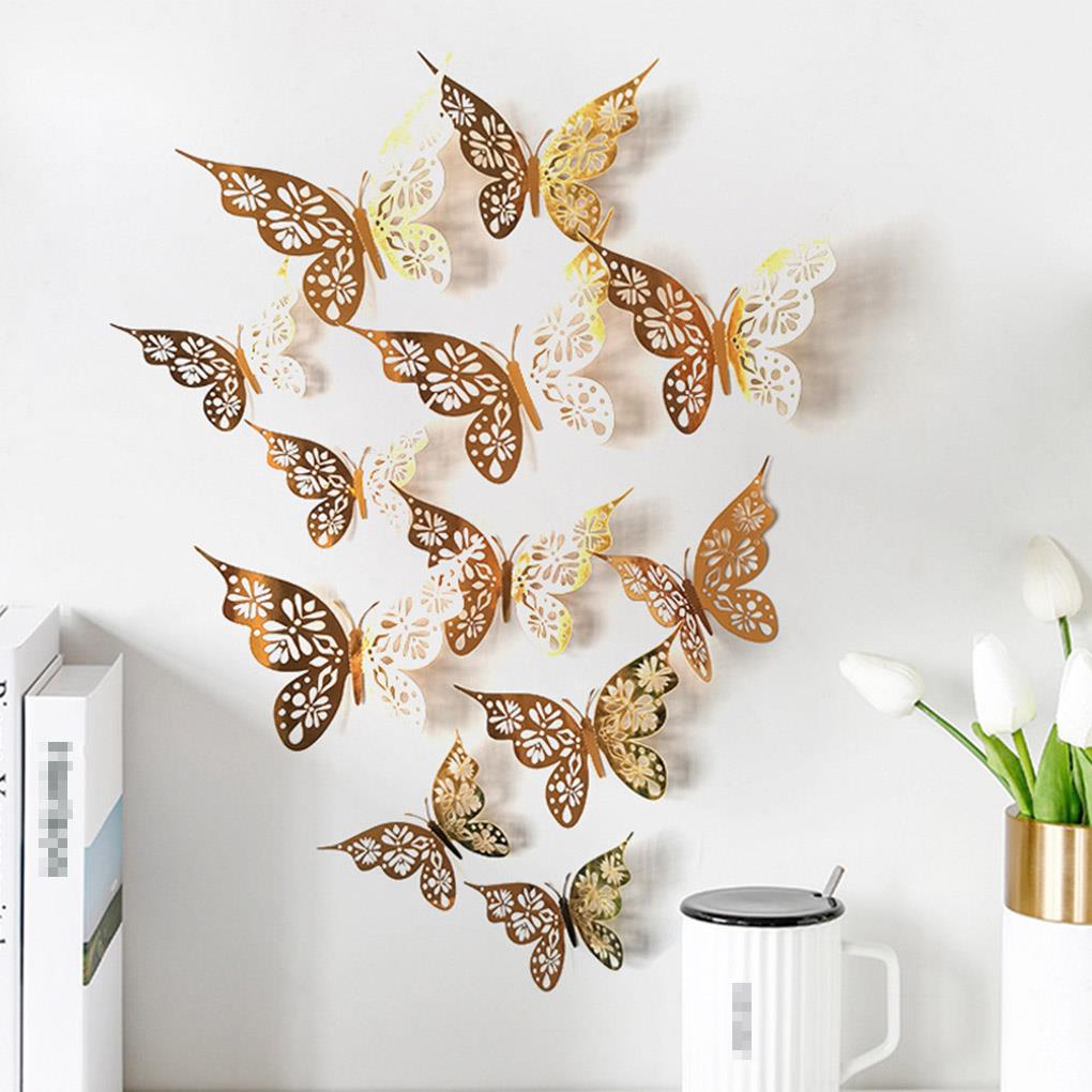 12Pcs/Set Golden 3D Hollow Out Paper Butterfly Wall Sticker Party Shopping Window Home Decor For Kids Room Sticker Mural